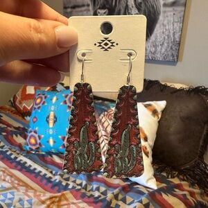 Southwestern Style Earrings with Red and Green   Cactus Design/ leather
